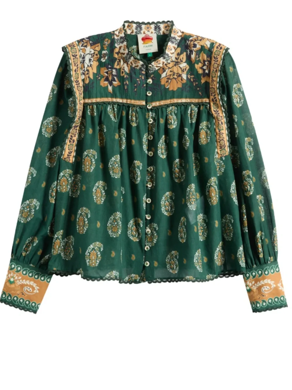 FARM RIO  Green Tayla Lace Buttoned Puff Sleeve Blouse